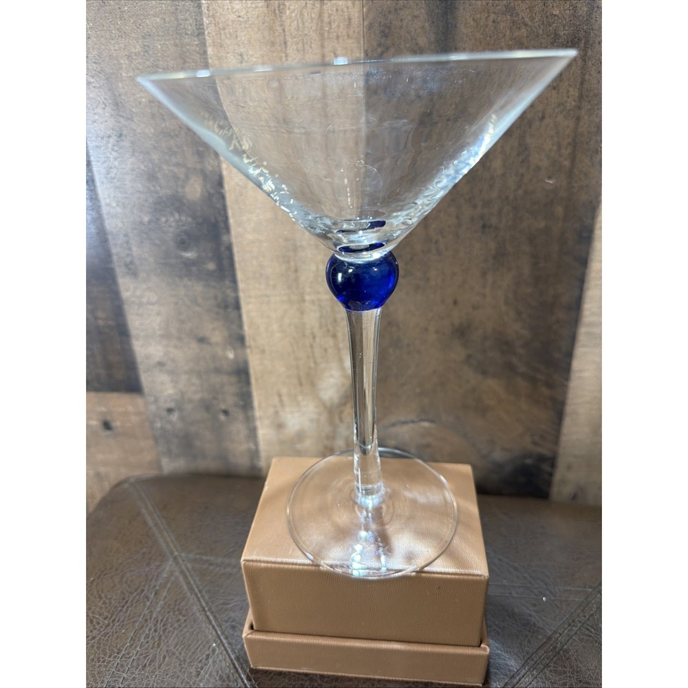 Martini Glass Cobalt Blue Ball Stem Clear Cocktail MCM Vintage 8 Oz. 7.5"